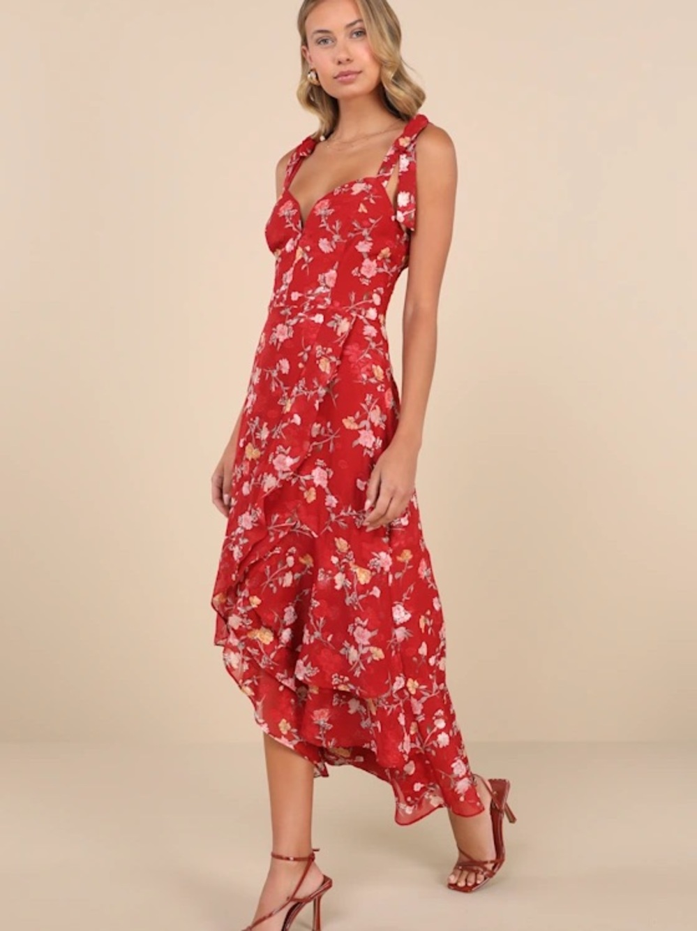 Lulu's Red Floral High-Low Ruffle Dress - Picture 2 of 7